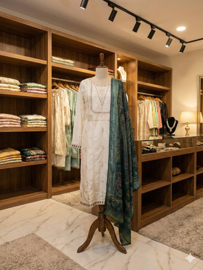 Khaadi Embroidered 3-Piece Suite – Ivory & Emerald Teal Festive Collection