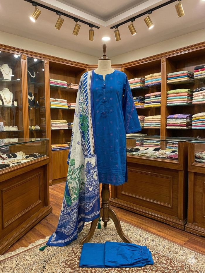 J. Junaid Jamshed - Royal Blue Embroidered 3-Piece Lawn Suit with Floral Dupatta