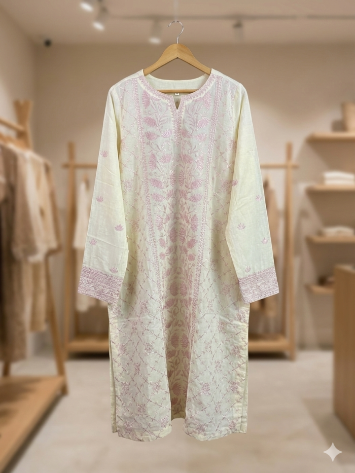 Serene Blossom – Pastel Embroidered 1-Piece Kurti