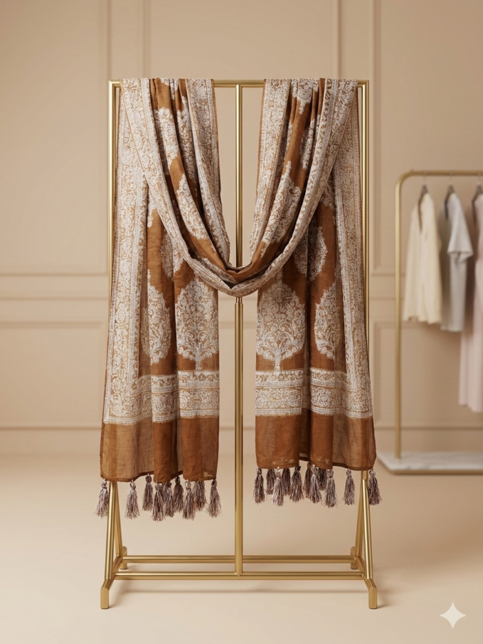 Earthy Brown Block-Print Style Lawn Dupatta Collection: J. Ladies