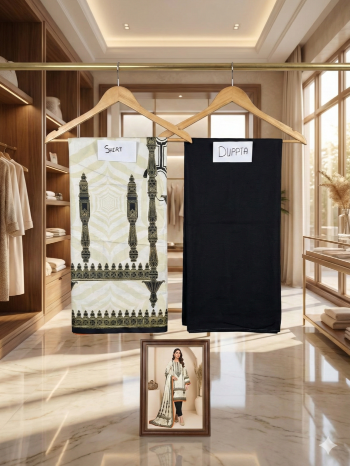 J. Junaid Jamshed – Monochrome Ivory & Black Unstitched 2-Piece Lawn Suite