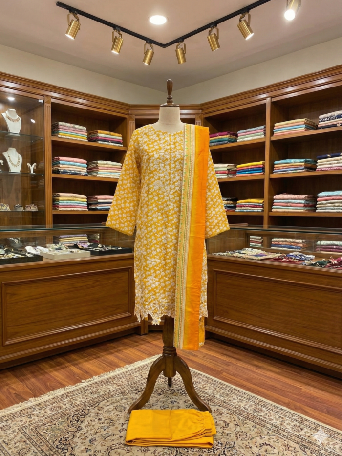 Bin Saeed Mustard Yellow 3-Piece Embroidered Lawn Suit with Cutwork Hem