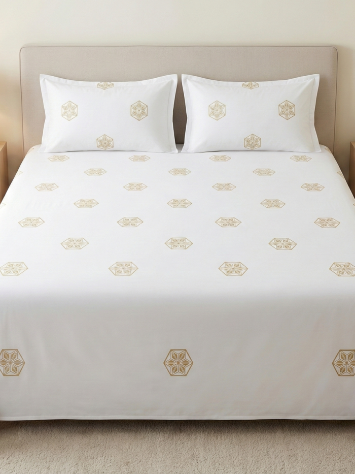 Ideas Home – Ivory White & Gold Geometric King Size 3-Piece Bedsheet Set