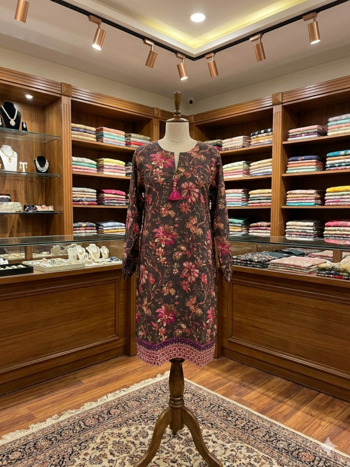 Midnight Bloom – Dark Floral 1-Piece Kurti