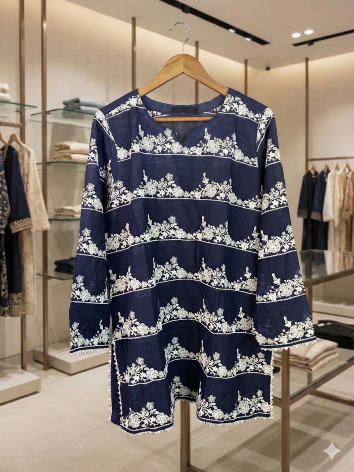Midnight Azure – Linear Floral Embroidered Kurti