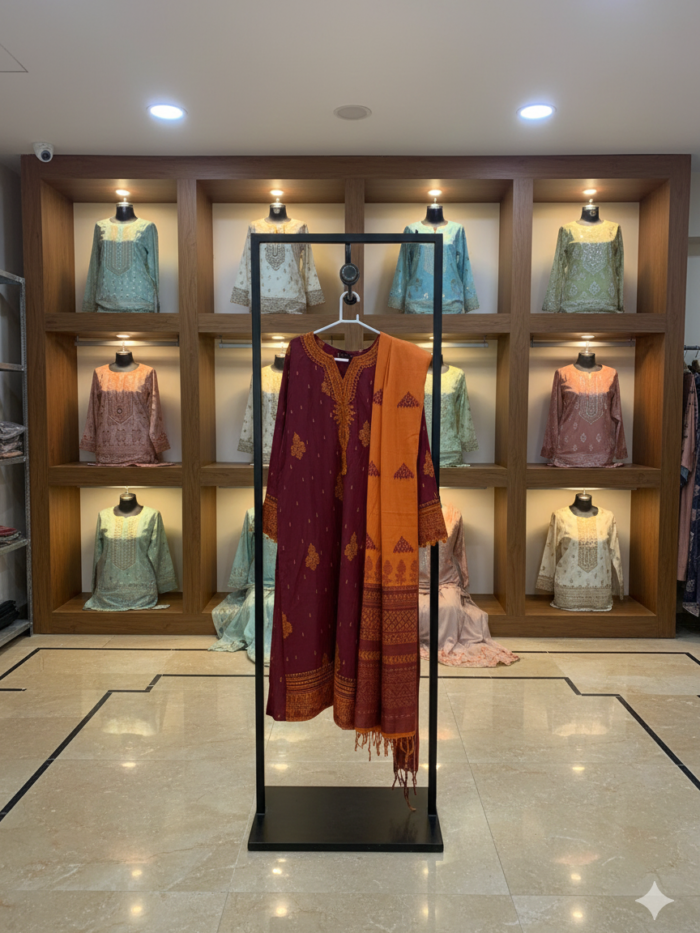 J. Junaid Jamshed – Maroon & Amber Embroidered 3-Piece Festive Suite