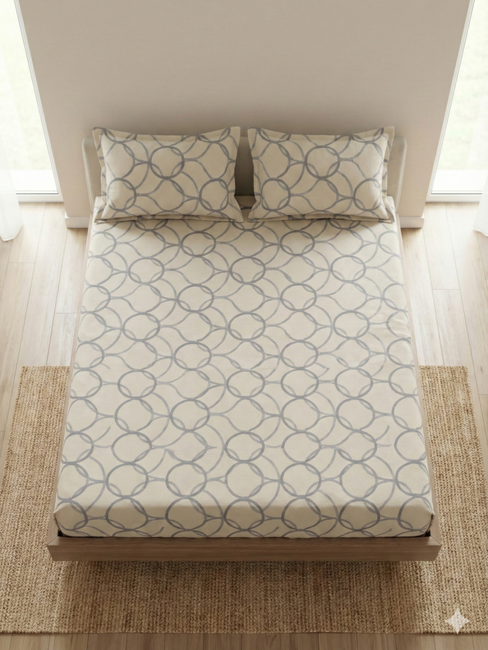 Ideas Home – Beige & Grey "Interlocking Circles" King Size 3-Piece Bedsheet Set