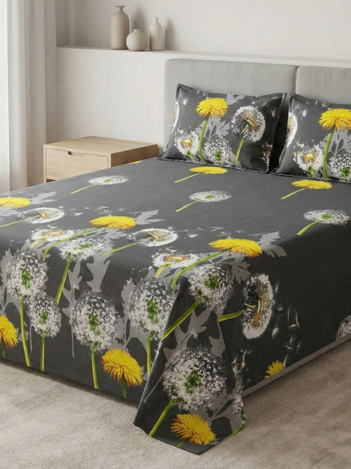 Ideas Home – Charcoal Grey & Yellow "Dandelion Bloom" King Size 3-Piece Bedsheet Set