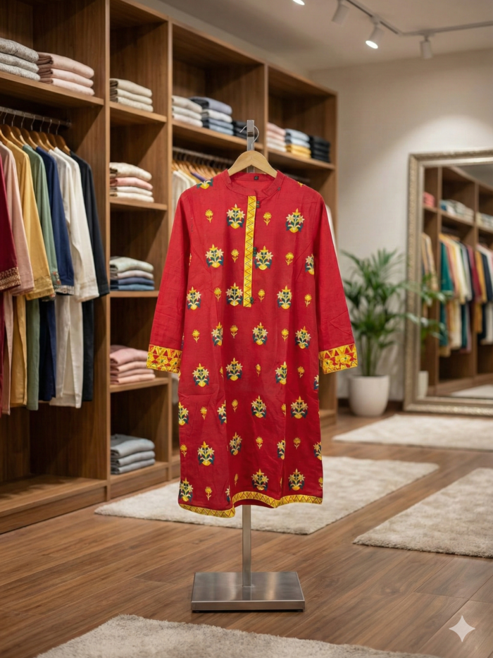 Radiant Crimson – Geometric Folk Print Kurti