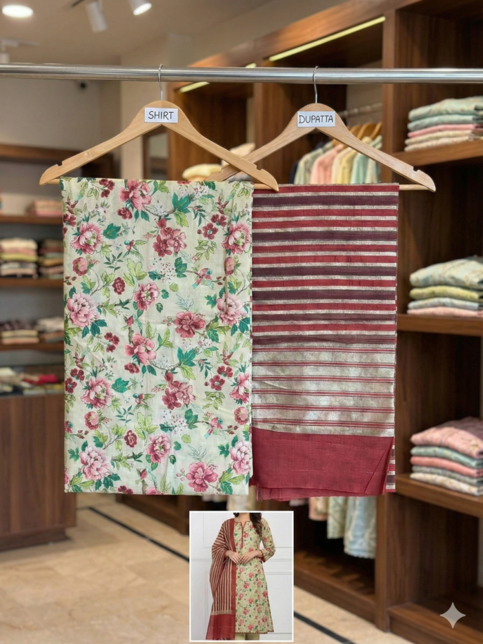 J. Junaid Jamshed – Olive Green Floral Unstitched 2-Piece Lawn Suite