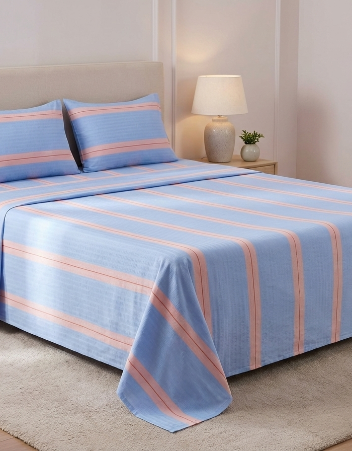 Ideas Home – Sky Blue & Coral Pink Striped King Size 3-Piece Bedsheet Set