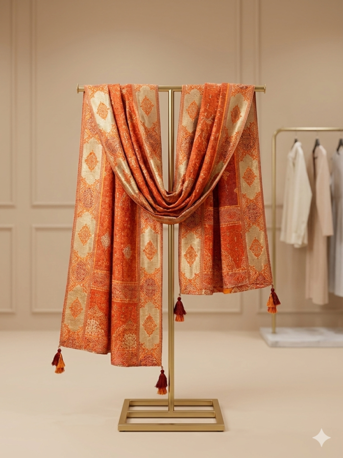 Tangy Orange Geometric Jacquard Dupatta Collection: J. Festive Vibrance
