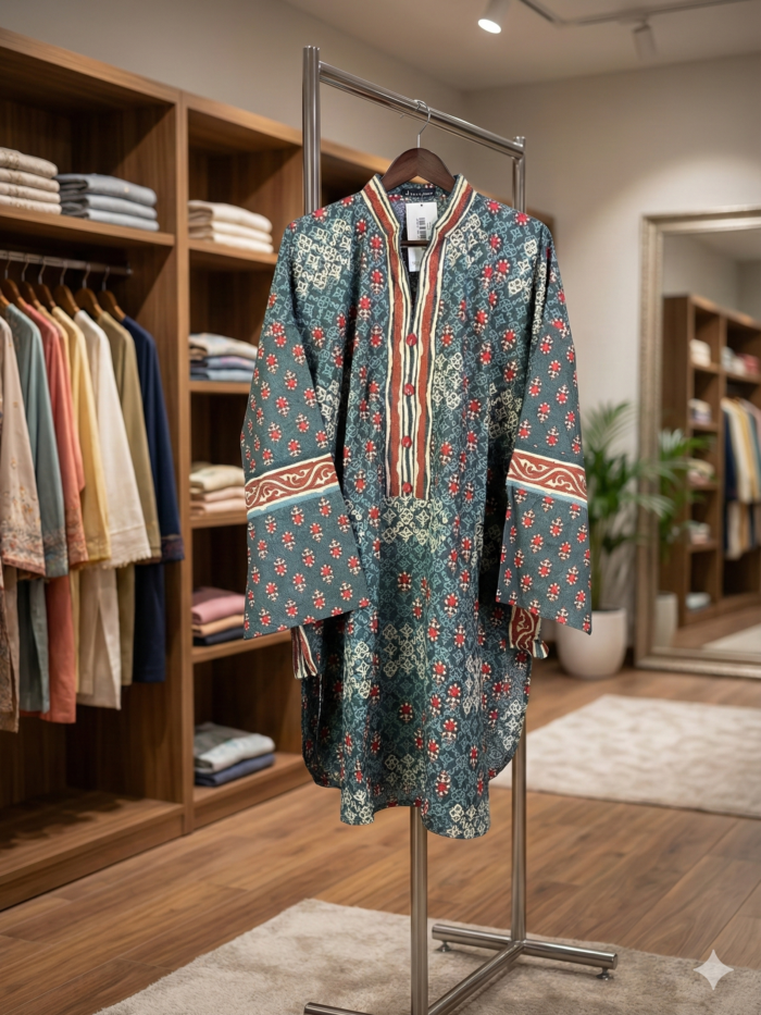 Teal Heritage – Geometric Block Print Kurti