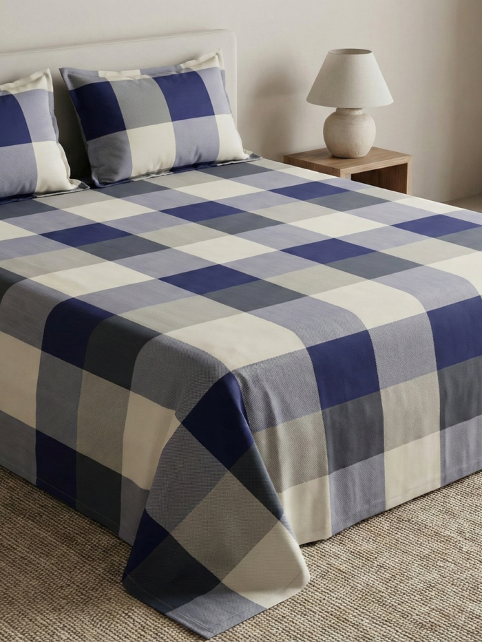 Ideas Home – Navy & White Gingham Check King Size 3-Piece Bedsheet Set