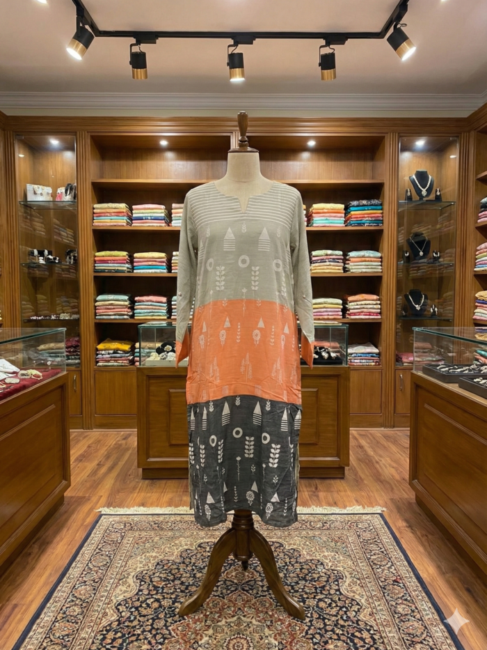 Tri-Tone Geometric – Color-Block Printed Kurti