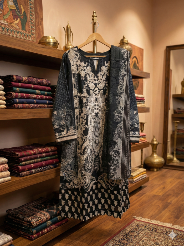 J. Junaid Jamshed – Onyx & Silver Embroidered 3-Piece Festive Lawn Suit