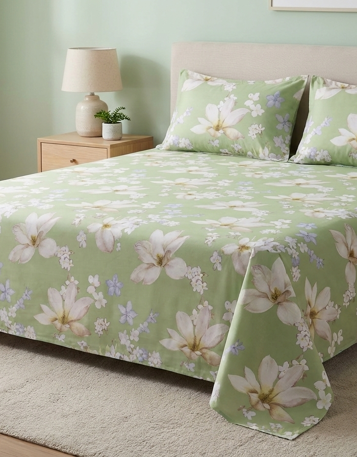 Ideas Home – Sage Green & Lily White Floral King Size 3-Piece Bedsheet Set