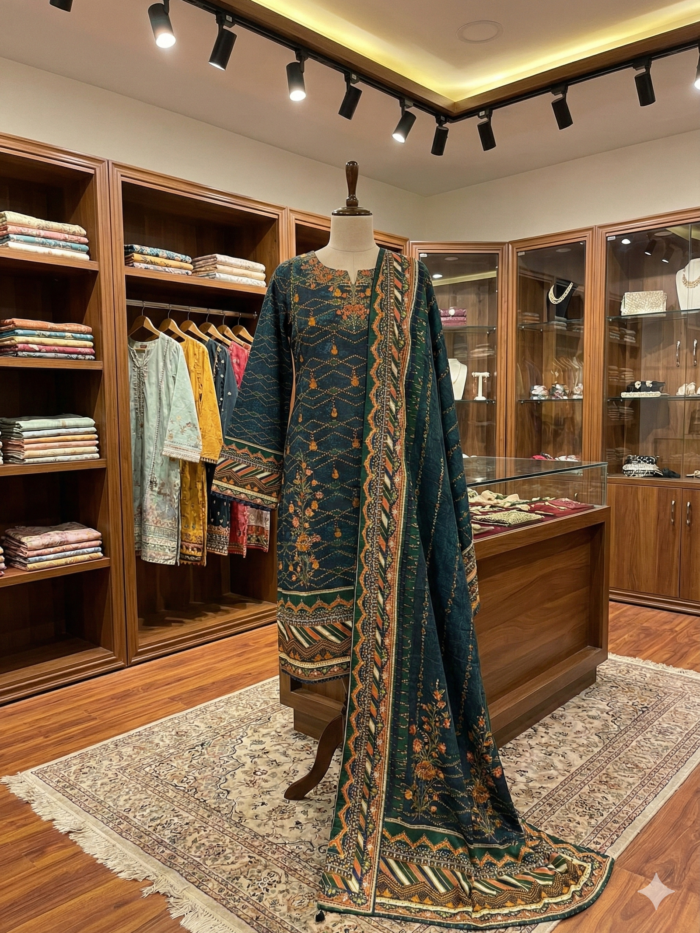 Bin Saeed – Forest Green Ethnic Print 3-Piece Lawn Suit