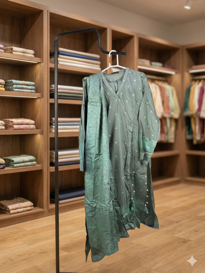 J. Junaid Jamshed – Sage Green Angrakha-Style 3-Piece Embroidered Suit