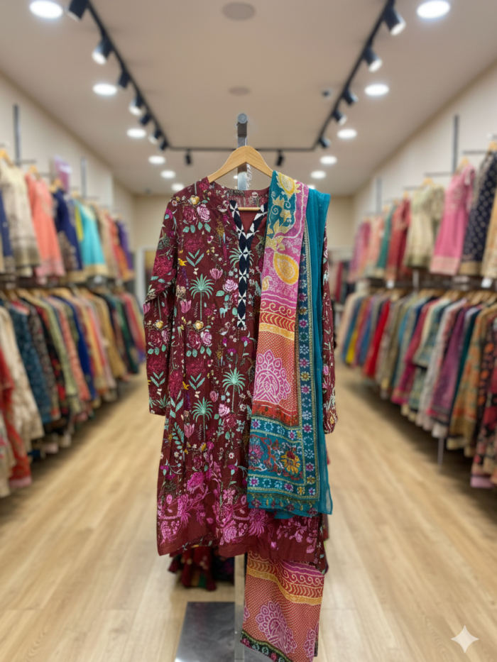 J. Junaid Jamshed – Maroon Floral Digital Print 3-Piece Lawn Suit