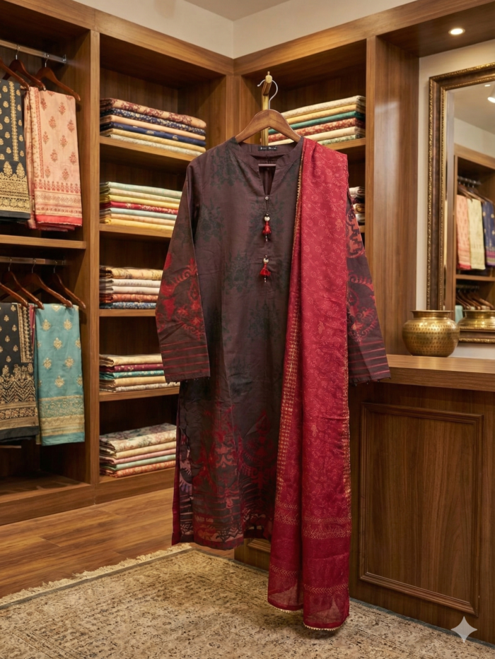 J. Junaid Jamshed – Chocolate Brown & Crimson 3-Piece Digital Print Lawn Suit