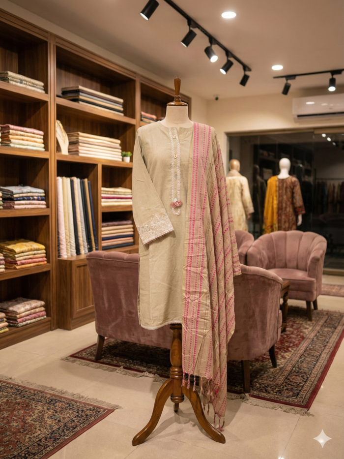 J. Junaid Jamshed – Taupe & Pink Embroidered 3-Piece Lawn Suit with Tassels