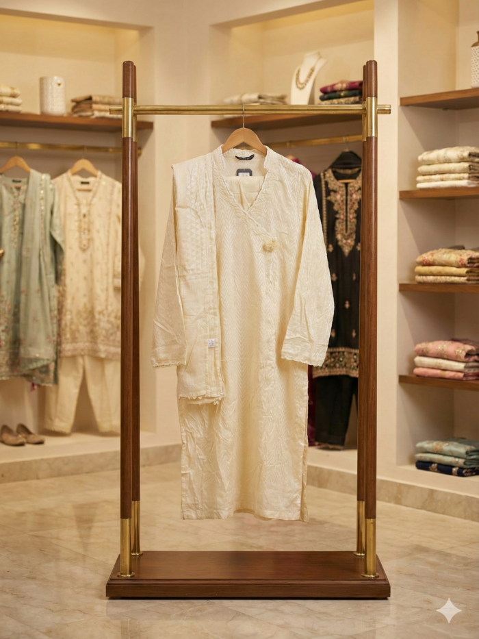 J. Junaid Jamshed – Ivory White Self-Textured 3-Piece Lawn Suit with Angrakha Neckline