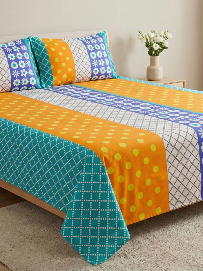 Ideas Home – Teal & Orange "Citrus Bloom" King Size 3-Piece Bedsheet Set
