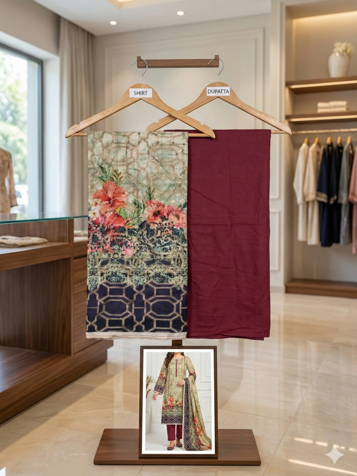 J. Junaid Jamshed – Maroon & Tan Geometric Floral Unstitched 2-Piece Lawn Suite