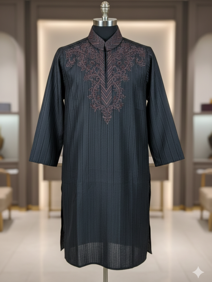 Midnight Stripe – Embroidered Yoke Kurta