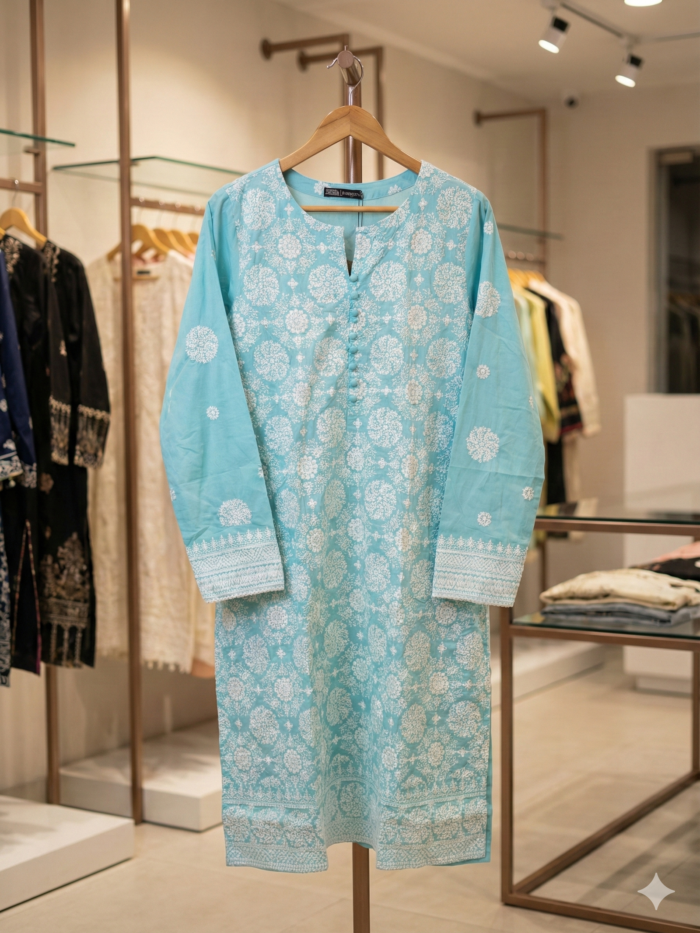 Sky Blue Serenity – Chikankari Style Embroidered Kurti