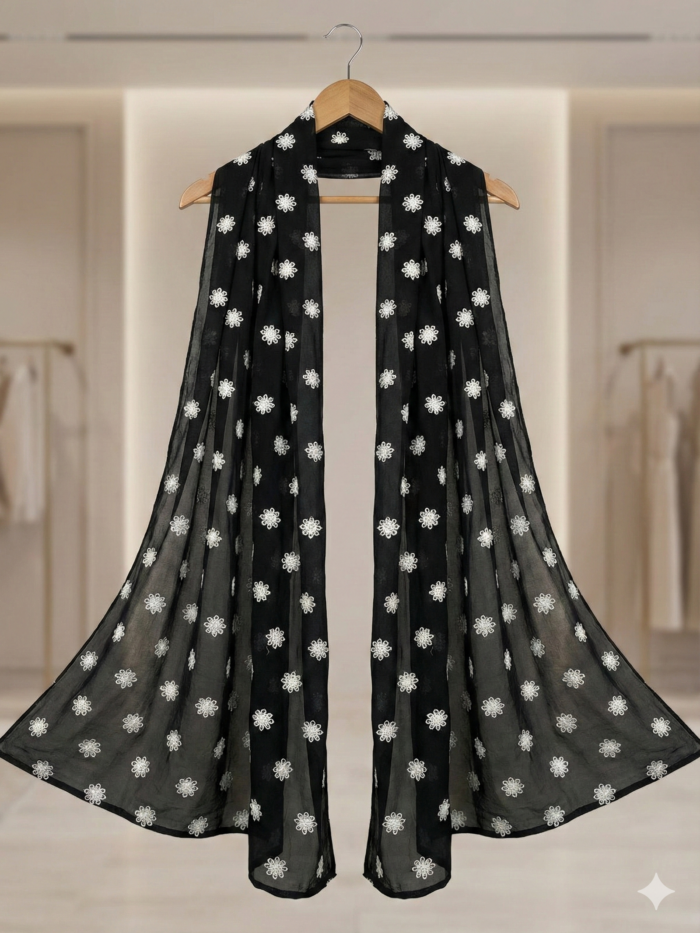 Midnight Bloom Embroidered Chiffon Dupatta