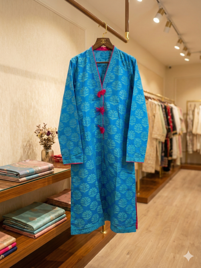 Electric Cyan – Tasseled Jacquard Style Kurti