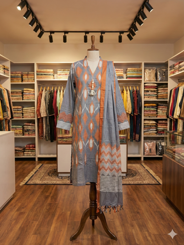 J. Junaid Jamshed – Steel Grey & Rust Ikat Print 3-Piece Lawn Suit