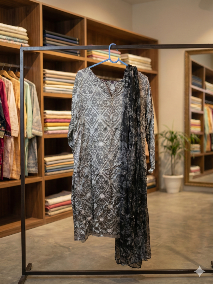 J. Junaid Jamshed – Silver & Charcoal Jacquard 3-Piece Formal Suit