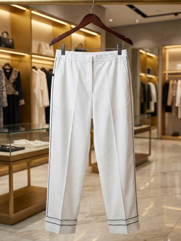 White Cigarette Pants with Contrast Black Piping