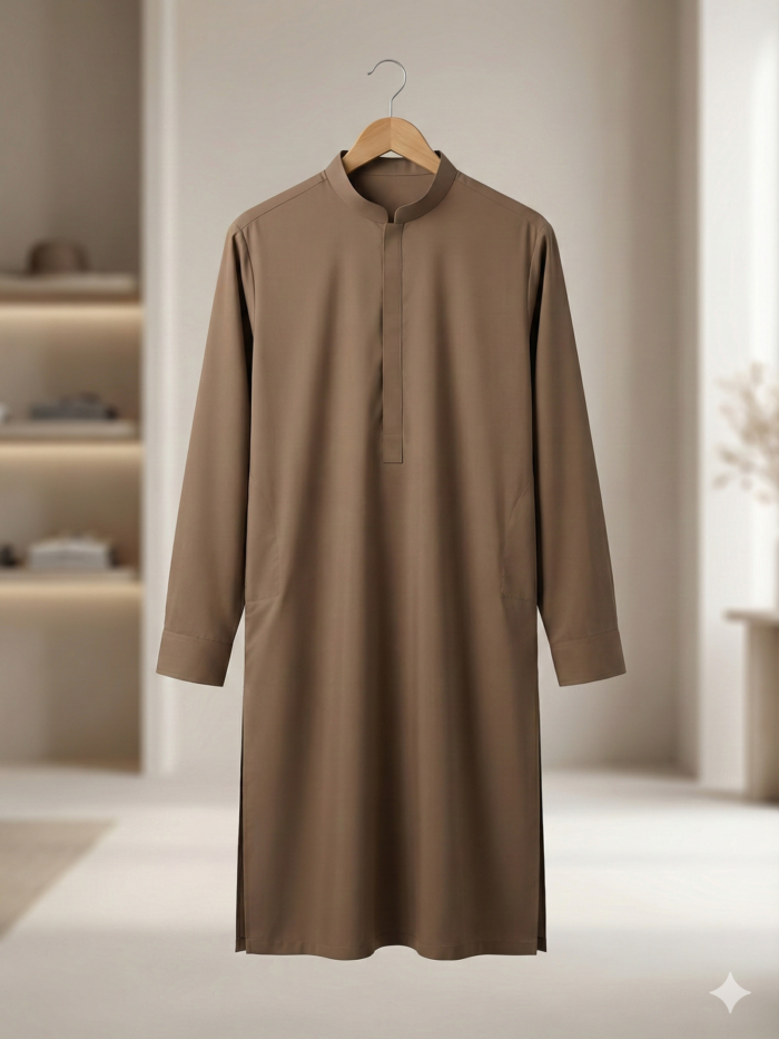 Earthy Camel – Minimalist Concealed Placket Kameez