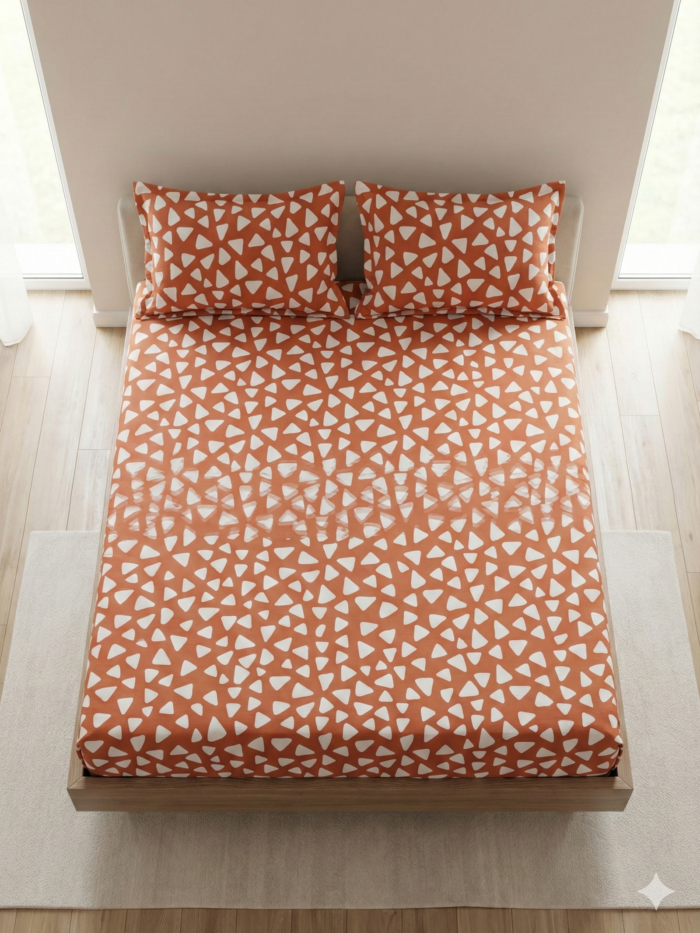Ideas Home – Burnt Orange & White "Abstract Triangle" King Size 3-Piece Bedsheet Set