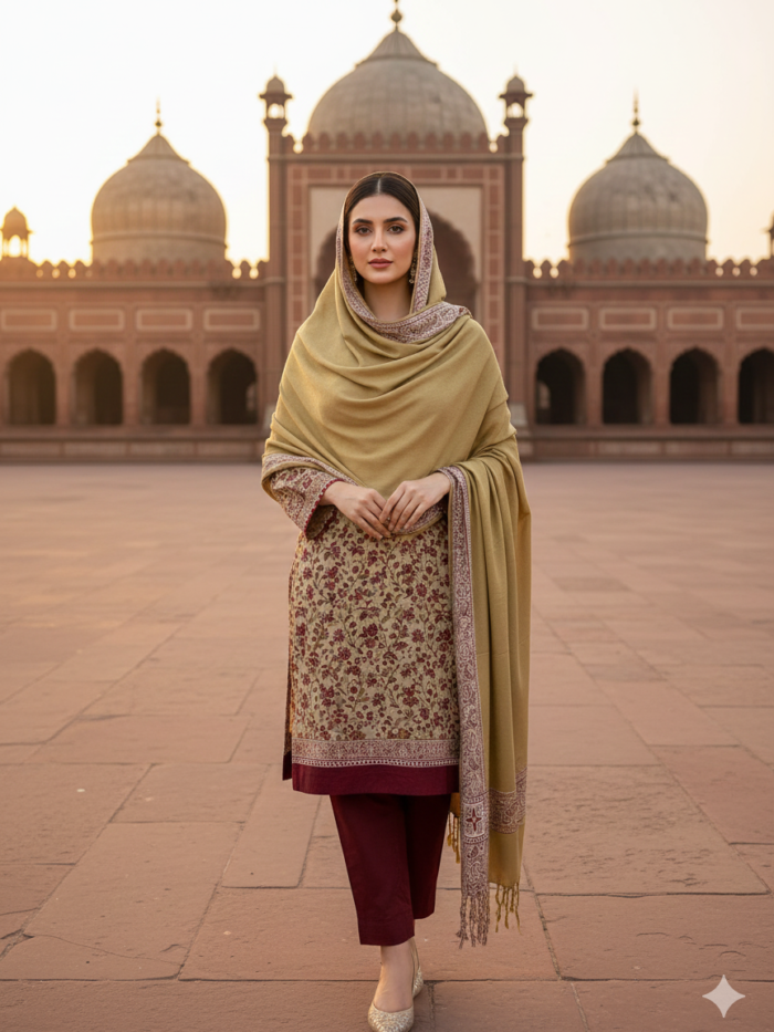 Heritage Olive Embroidered Shawl