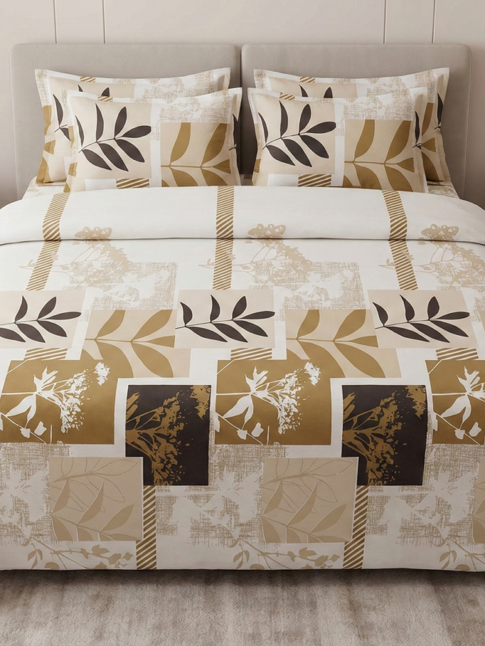 Ideas Home – Ochre & Chocolate Leaf Motif King Size 3-Piece Bedsheet Set