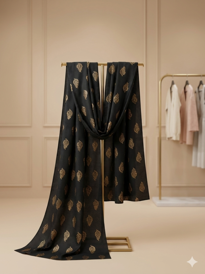 Midnight Gold Leaf Printed Dupatta