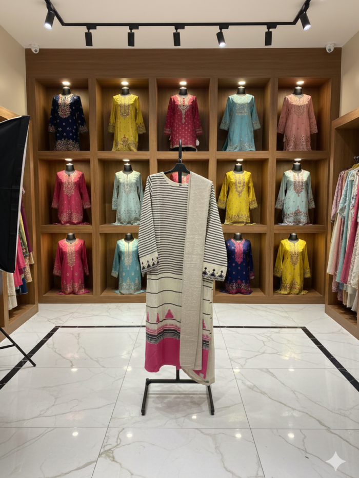 J. Junaid Jamshed – Black & White Striped 3-Piece Lawn Suit with Fuchsia Accents