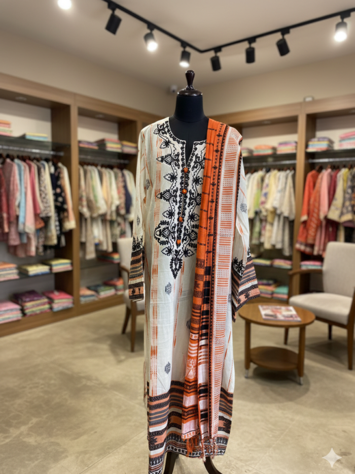 J. Junaid Jamshed – Monochrome Ivory & Black Embroidered 3-Piece Lawn Suit