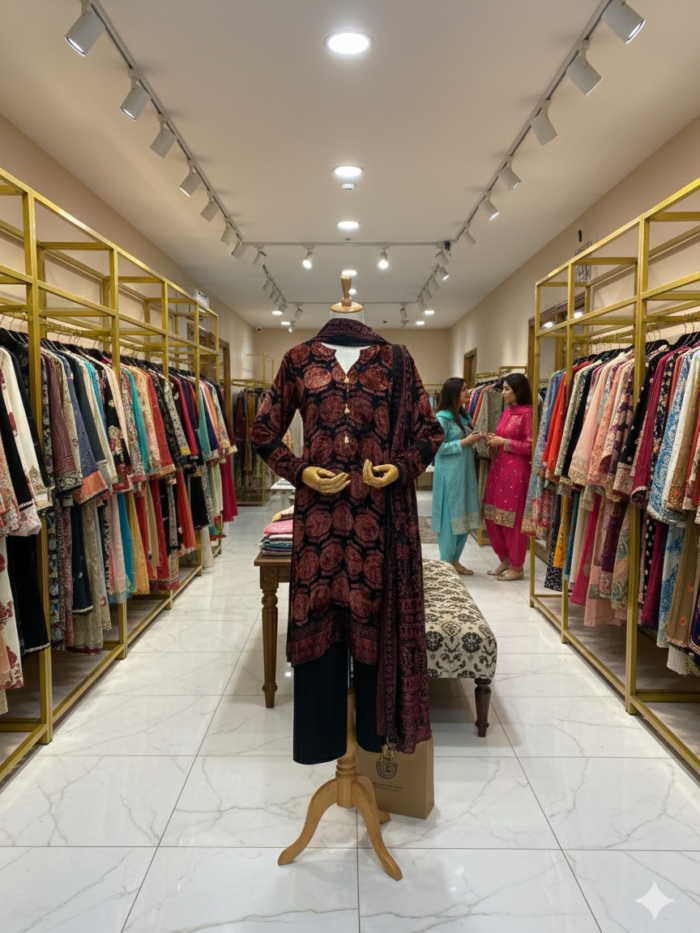 J. Junaid Jamshed – Midnight Maroon & Crimson Velvet-Finish 3-Piece Suite