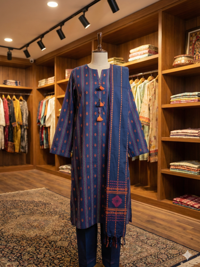 J. Junaid Jamshed – Navy Blue Striped 3-Piece Lawn Suit with Orange Tassel Detail