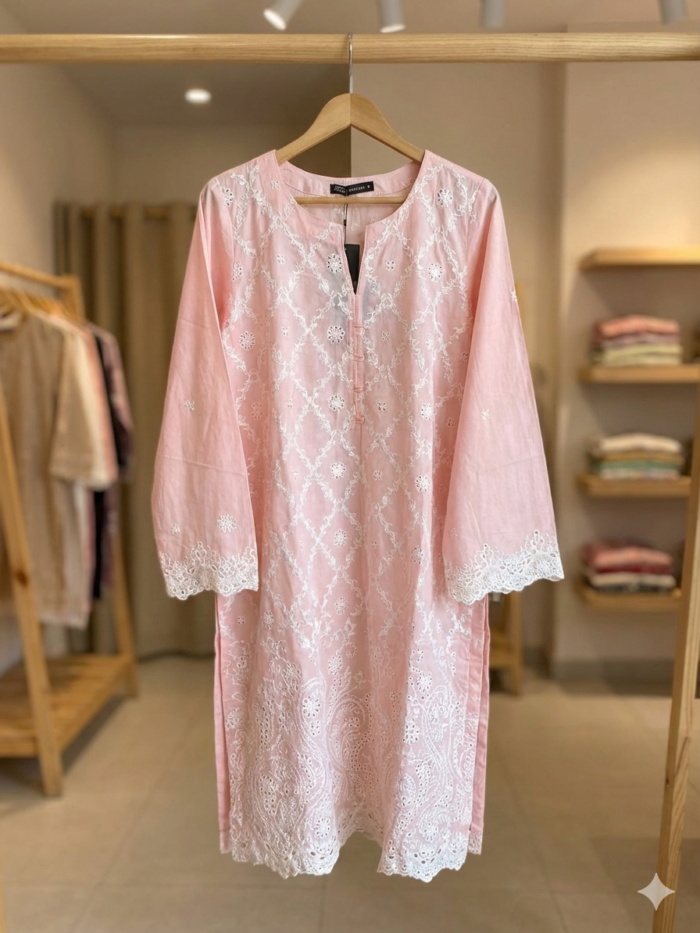Blush Harmony – All-Over Embroidered Kurti