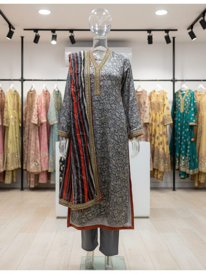 J. Junaid Jamshed – Charcoal Grey & Rust Floral 3-Piece Festive Suit