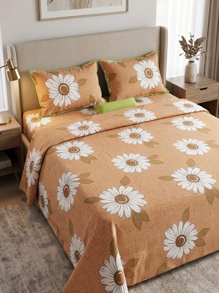 IDEAS HOME – BROWN FLOWERS “INTERLOCKING BROWN BEDSHEET” KING SIZE 3-PIECE BEDSHEET SET