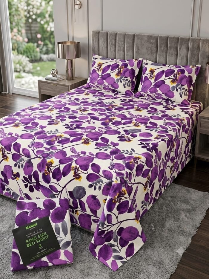 IDEAS - PURPLE BLOOM - 3pc KING SIZE BEDSHEET -set