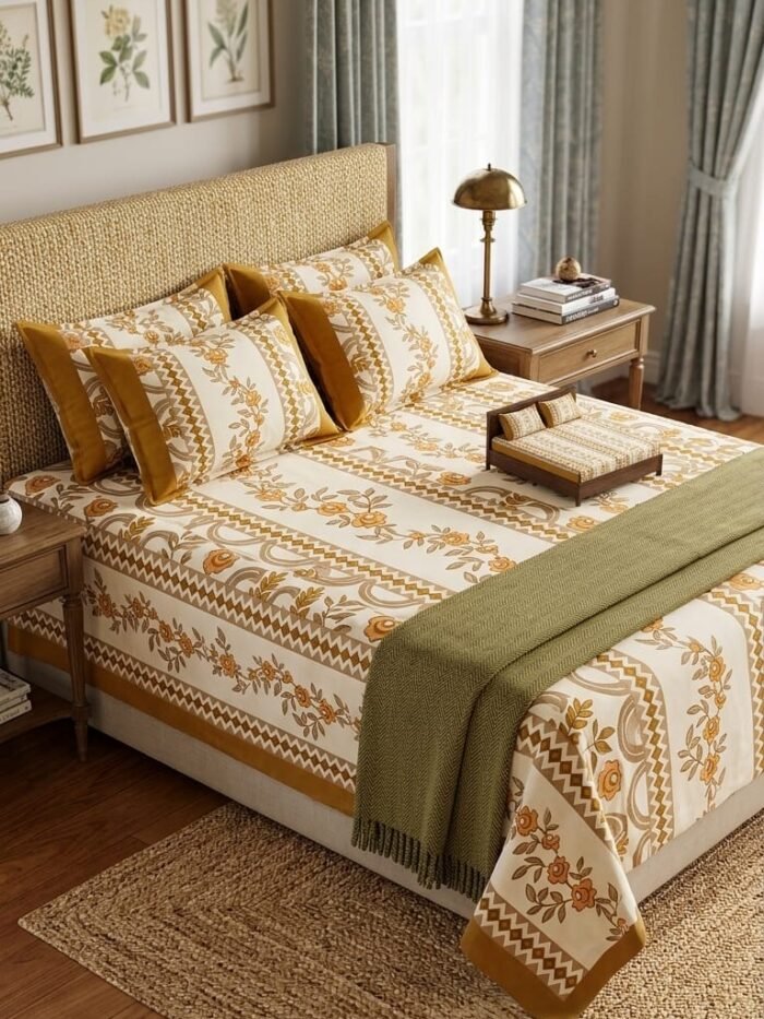 IDEAS HOME – LINES+ FLORAL “INTERLOCKING FLORAL PRINT ” KING SIZE 3-PIECE BEDSHEET SET